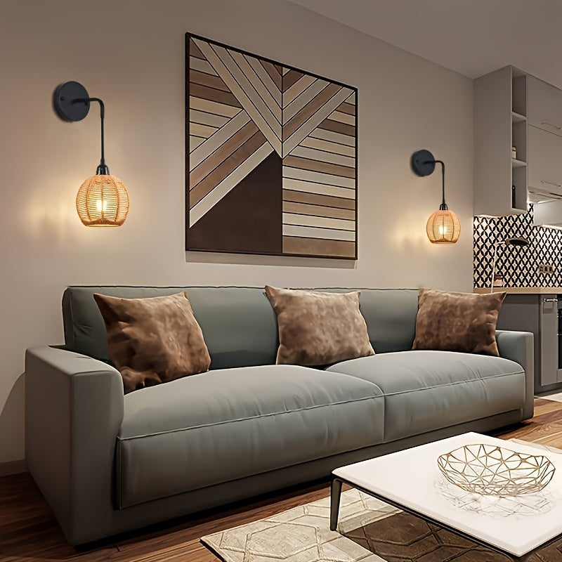 Rattan Wall Lamp | Boho Handwoven Bedside & Living Room Sconce