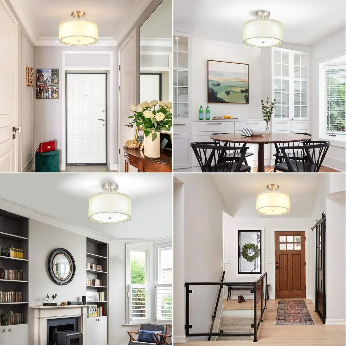 Modern Semi Flush Mount Ceiling Light Brushed Nickel 3-Light Drum Fixture Double Organza Fabric Shade Glass Diffuser