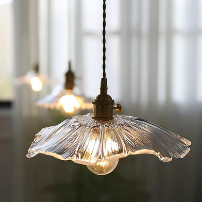 Flower Glass Pendant Lamp Retro Transparent Ceiling Light | Glass & Copper | E26 E27 LED Compatible | Warm Ambient Indoor Lighting