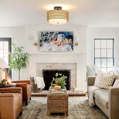 Rattan Ceiling Light | Boho Semi-Flush Mount with Linen Shade