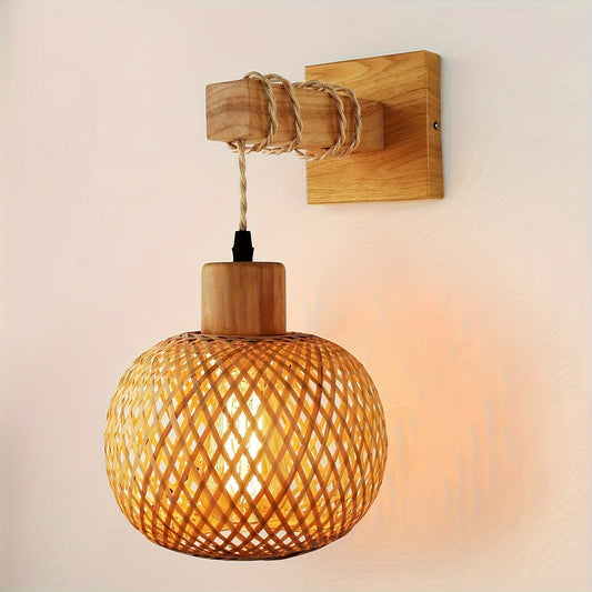 Wooden Wall Sconce | Rustic Handwoven Rattan Light Fixture for Home Decor