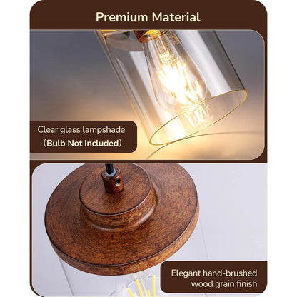 Farmhouse Flush Mount Ceiling Light with Wood Grain Finish and Two Adjustable Pendant Lights for Kitchen Island