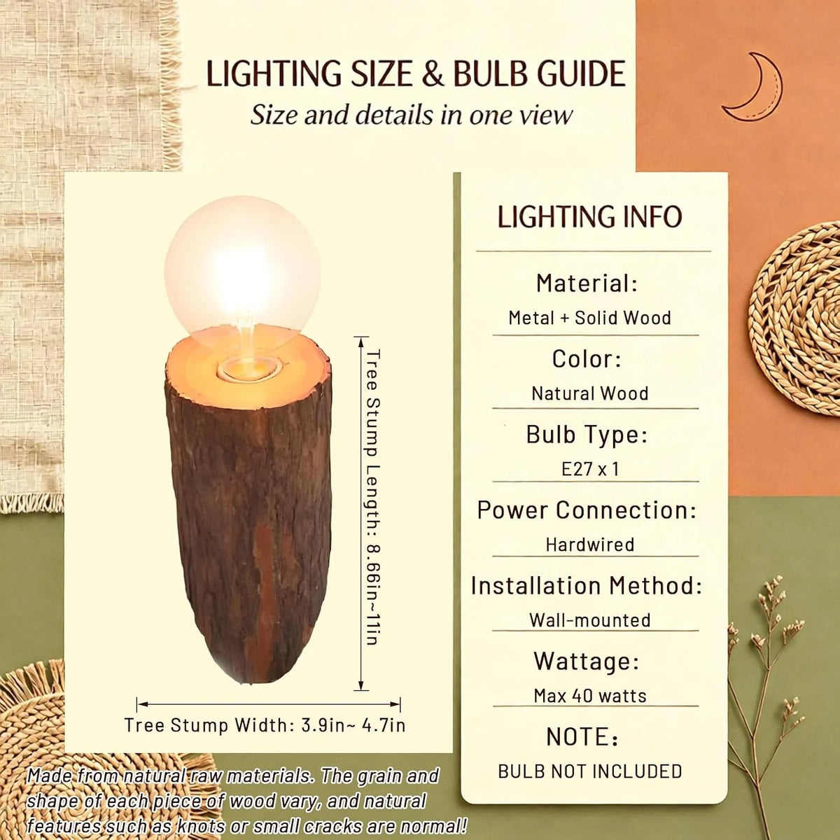Rustic Natural Tree Stump Hardwired Wall Sconce, Wooden Wall Lamp
