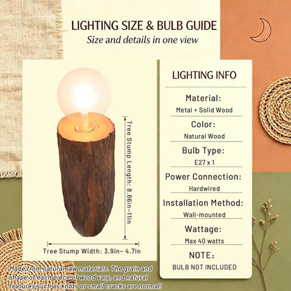 Rustic Natural Tree Stump Hardwired Wall Sconce, Wooden Wall Lamp