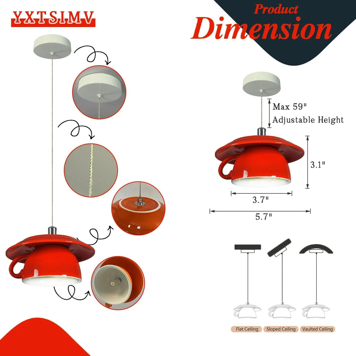 Ceramic Coffee Cup Pendant Light, 5.7" Nordic Hanging Ceiling Light for Kitchen Island, Bar & Hallwa