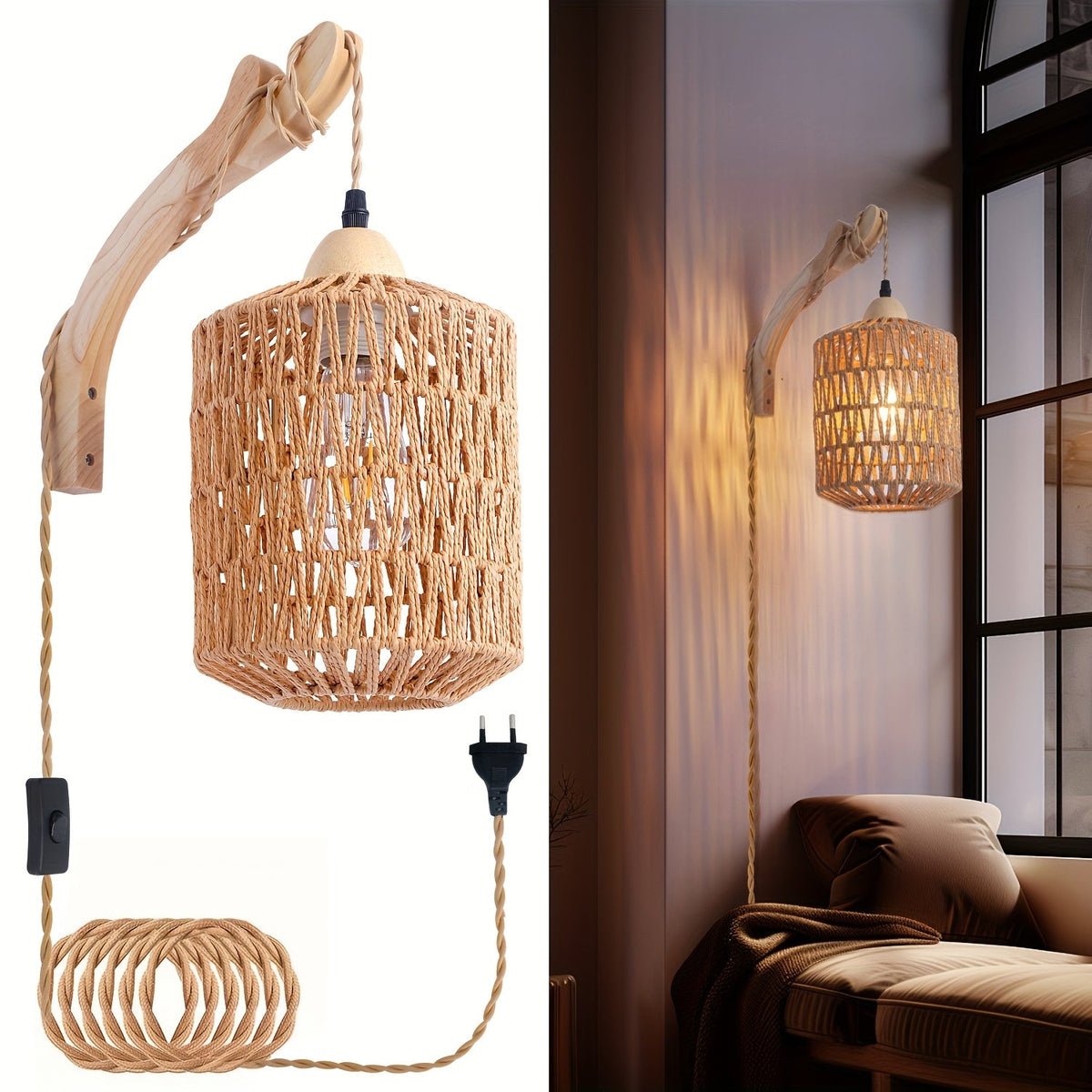Rattan Wall Lamp | Boho Hand-Woven Wood Plug-In Light Fixture