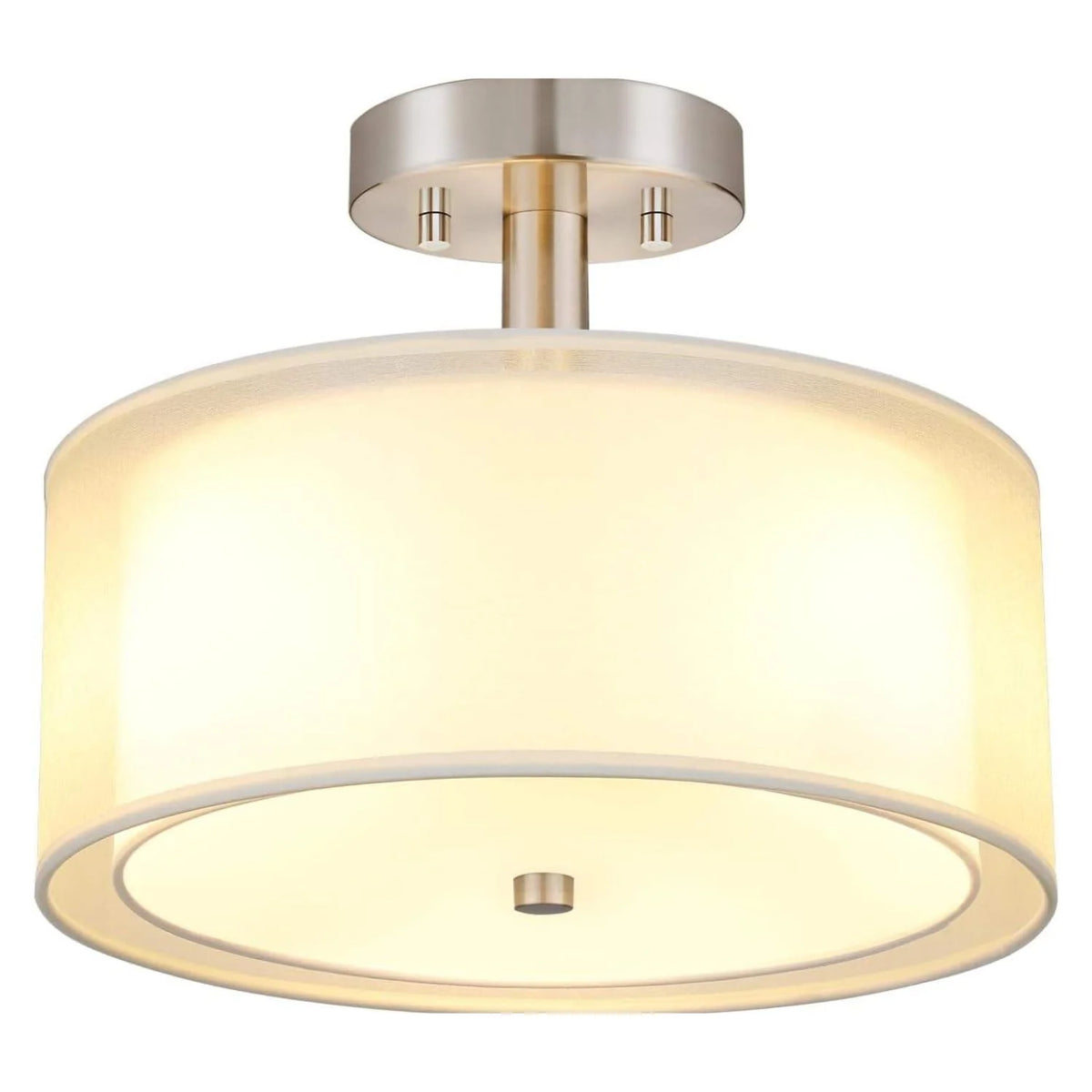 Modern Semi Flush Mount Ceiling Light Brushed Nickel 3-Light Drum Fixture Double Organza Fabric Shade Glass Diffuser