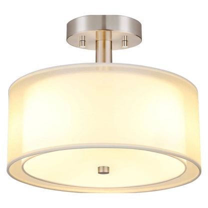 Modern Semi Flush Mount Ceiling Light Brushed Nickel 3-Light Drum Fixture Double Organza Fabric Shade Glass Diffuser