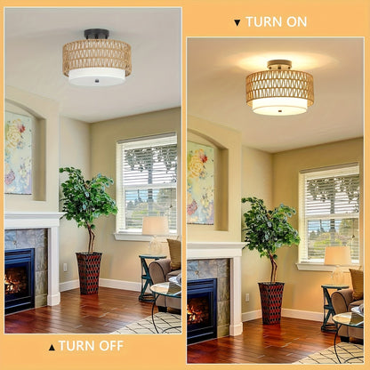 Rattan Ceiling Light | Boho Semi-Flush Mount with Linen Shade