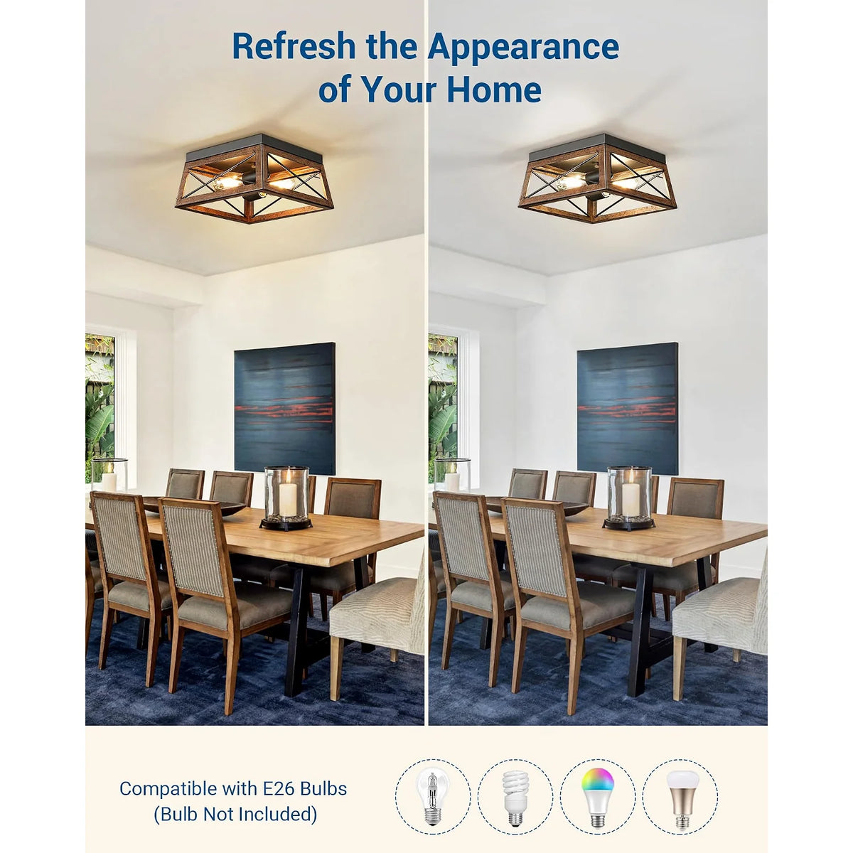 Farmhouse Flush Mount Ceiling Light with Wood Grain Finish and Two Adjustable Pendant Lights for Kitchen Island