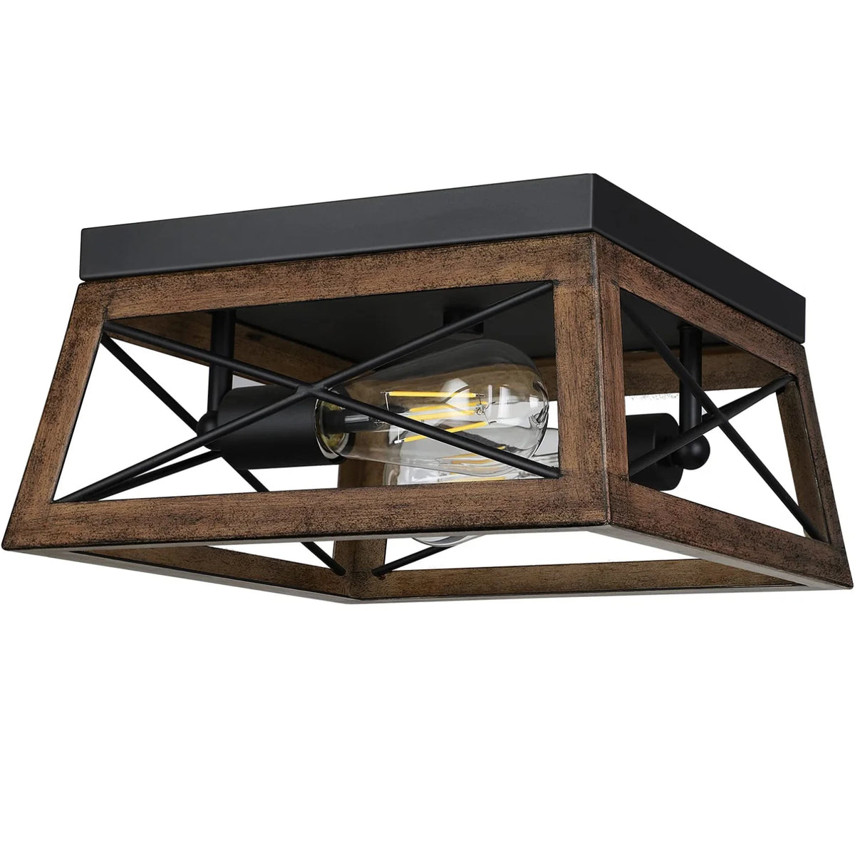 Farmhouse Flush Mount Ceiling Light with Wood Grain Finish and Two Adjustable Pendant Lights for Kitchen Island