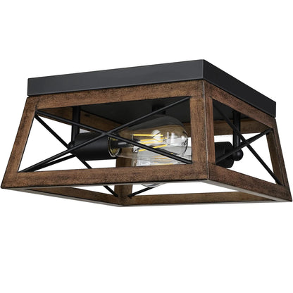 Farmhouse Flush Mount Ceiling Light with Wood Grain Finish and Two Adjustable Pendant Lights for Kitchen Island