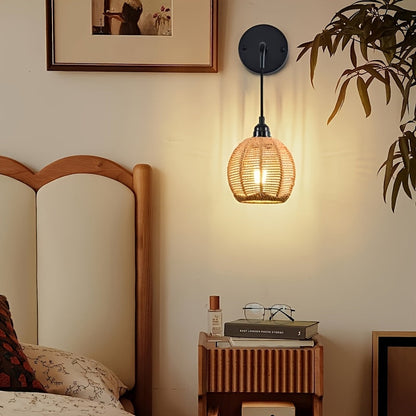 Rattan Wall Lamp | Boho Handwoven Bedside & Living Room Sconce