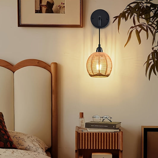 Rattan Wall Lamp | Boho Handwoven Bedside & Living Room Sconce