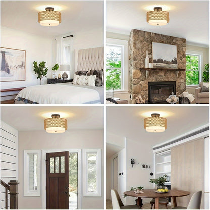 Rattan Ceiling Light | Boho Semi-Flush Mount with Linen Shade