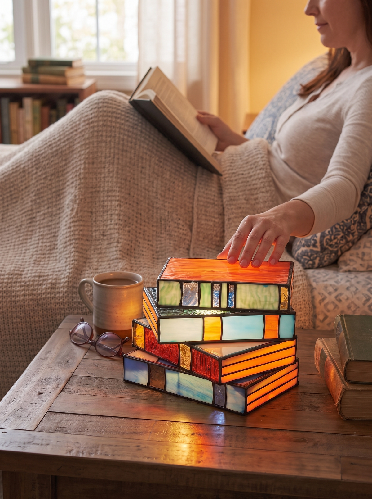 Stained glass book lamp panels in detail