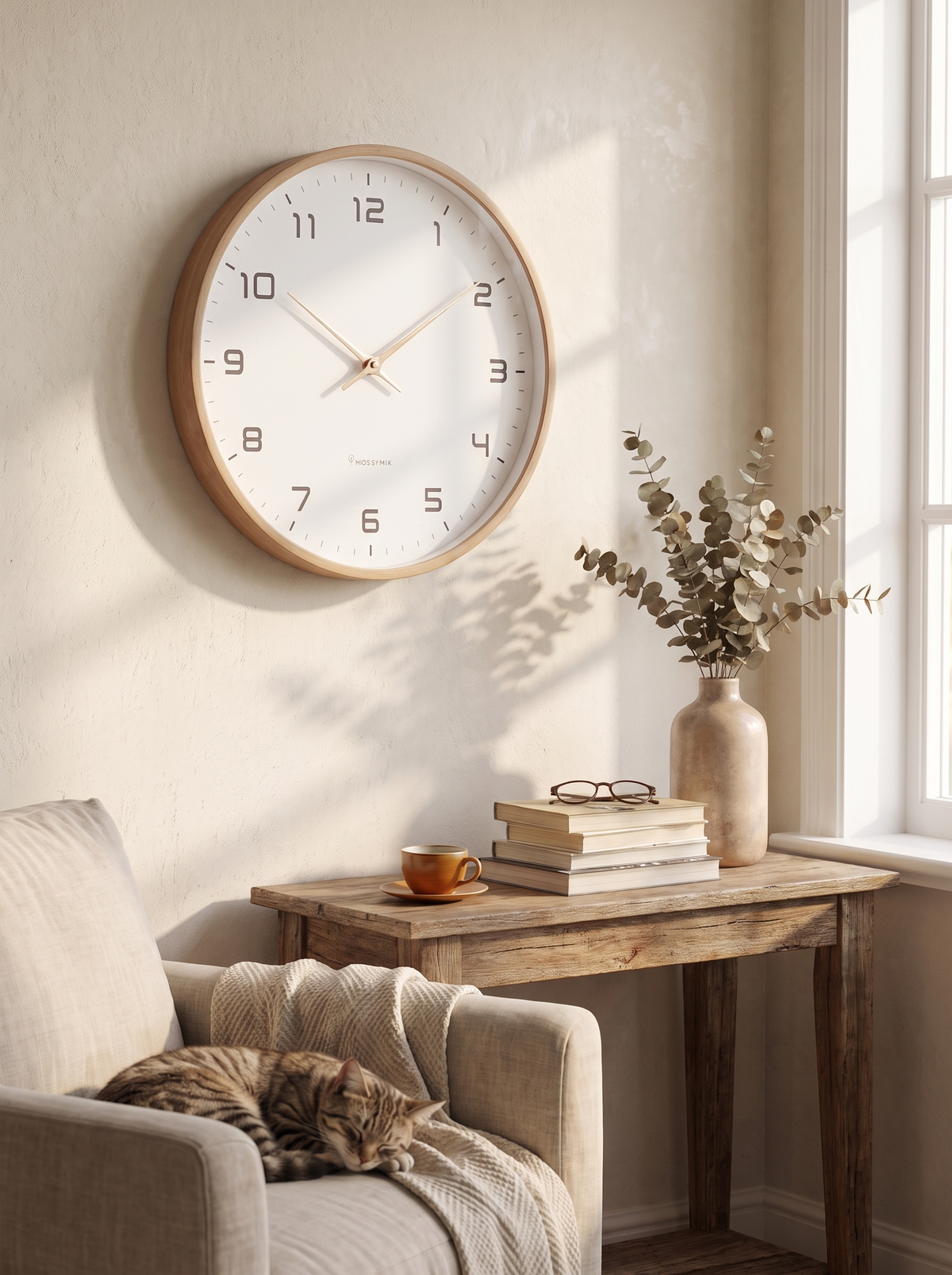 Nordic wood wall clock in a quiet bedroom