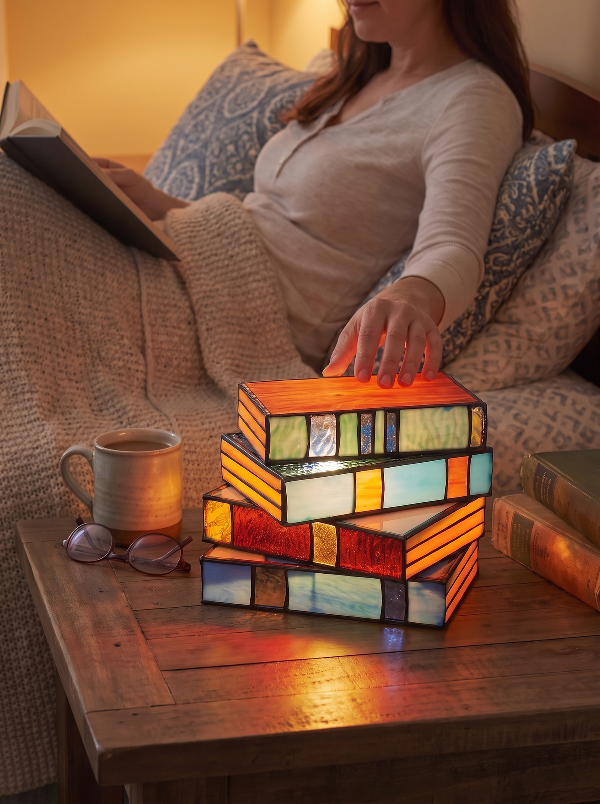 Stained glass book lamp opened on a table