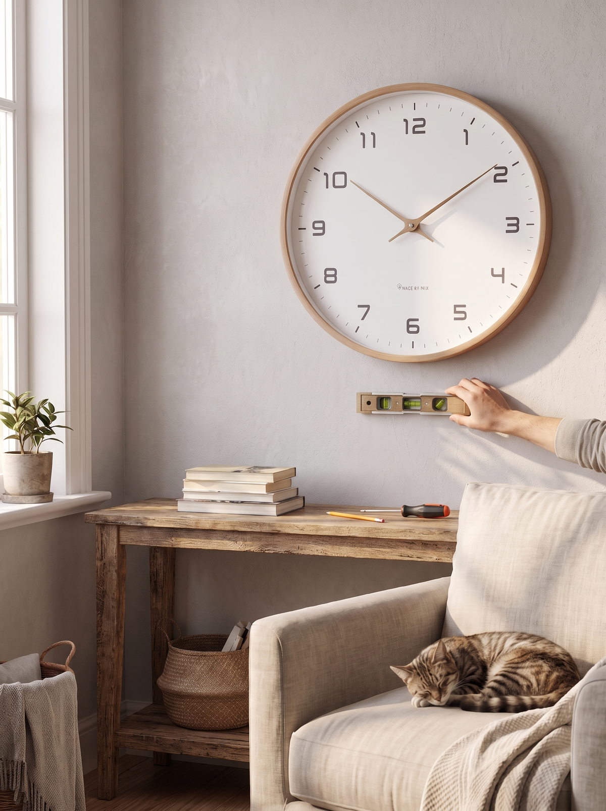 Nordic wood wall clock mounted on a wall