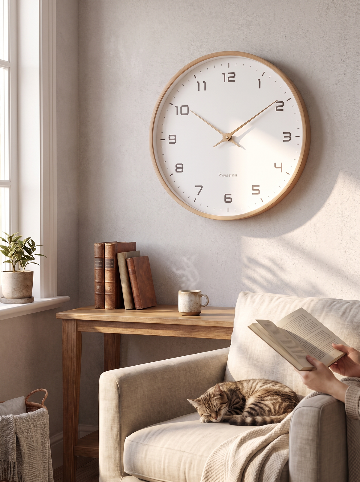 Nordic wood wall clock hanging in a living room