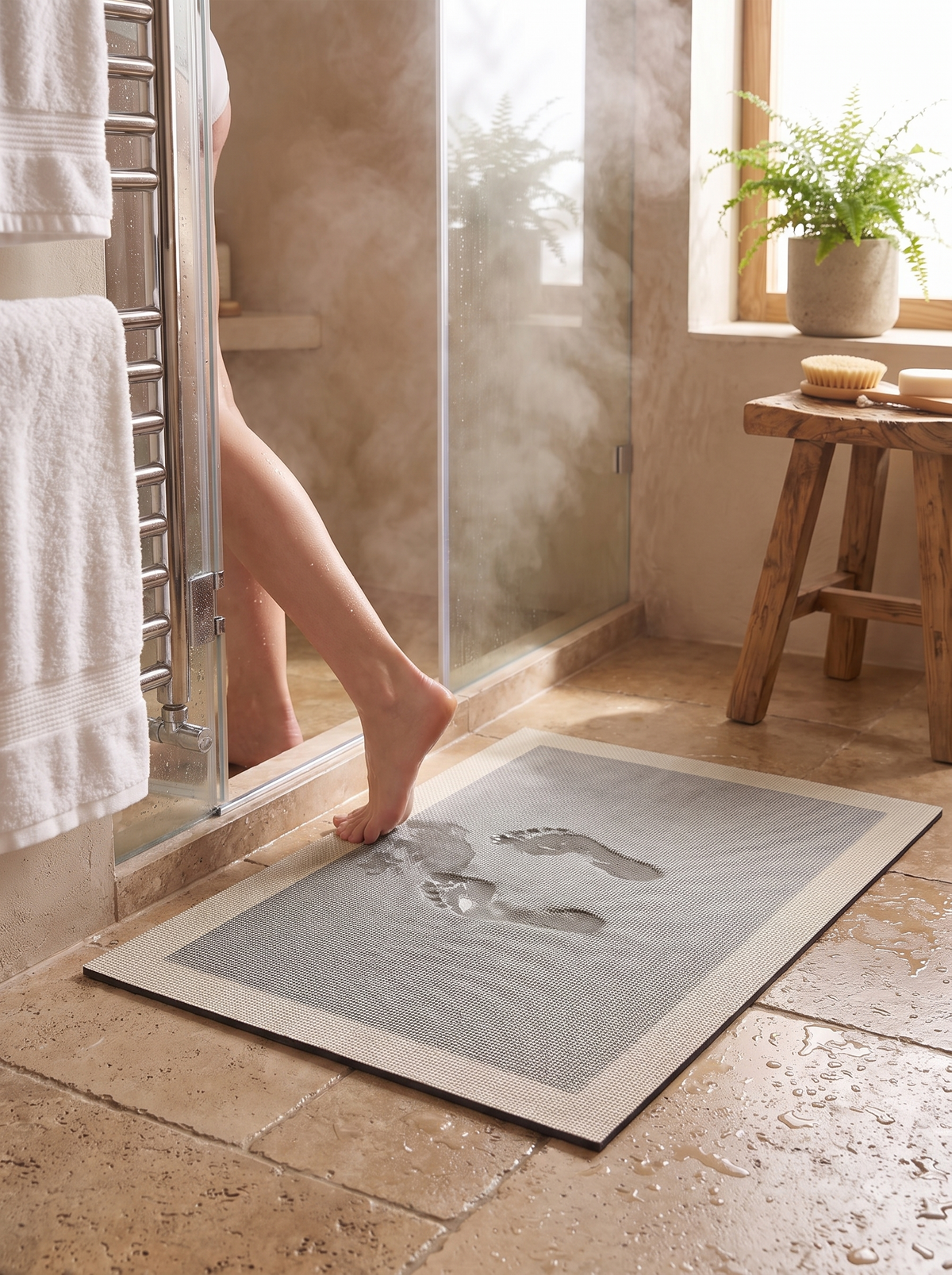 Super absorbent bath mat gripping wet bathroom tile