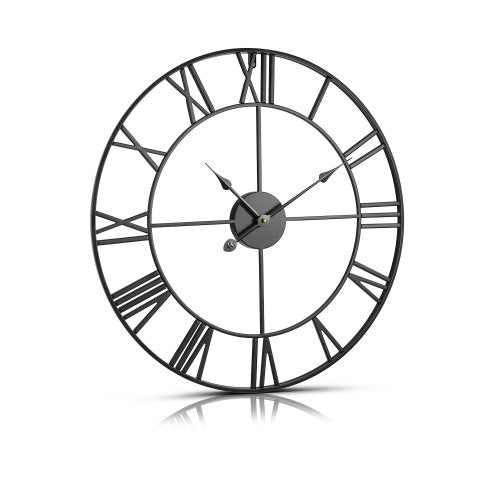 24-inch black Roman numeral round wall clock with silent non-ticking movement, hanging in a living room